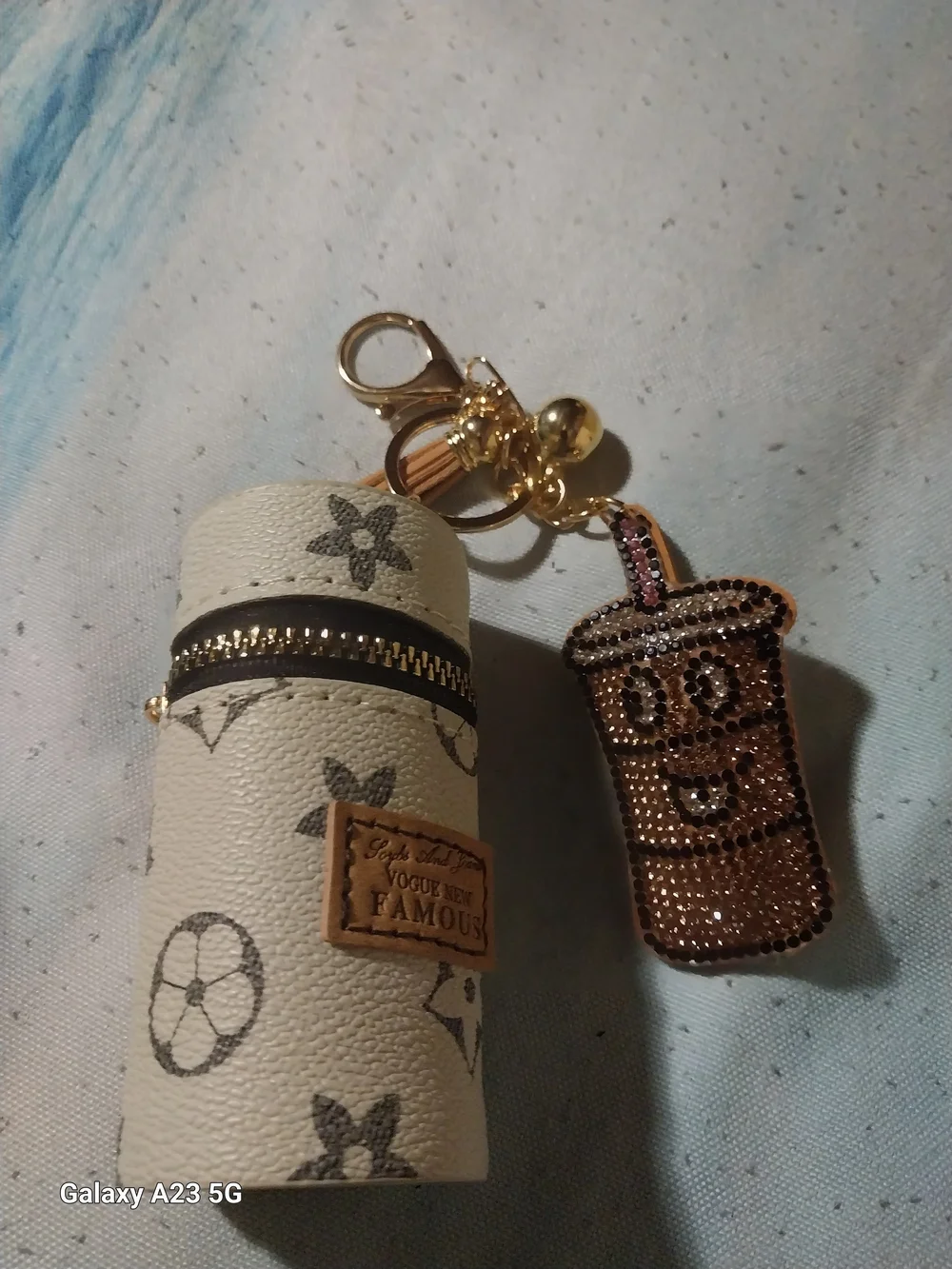 Unbranded Ivory/Brown Monogram Lipstick Case Brown Beaded Coffee Cup Bag Charm